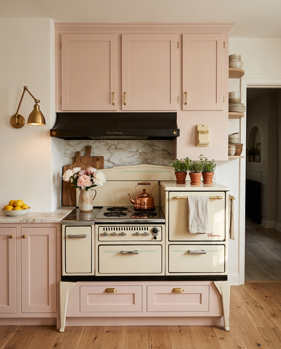 Inspiration render of the stove wall with blush pink cabinets, marble backsplash, brass sconce, peonies and copper kettle