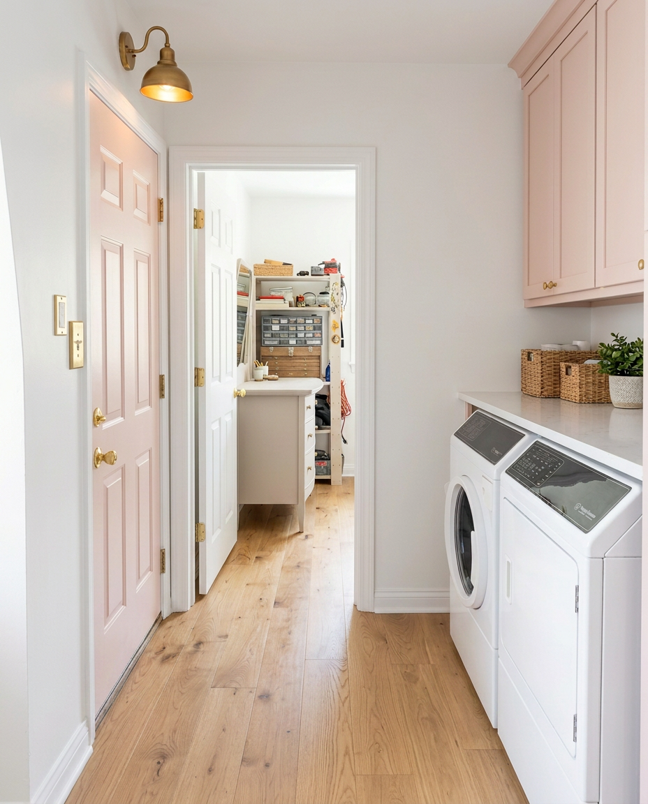 Inspiration render of the laundry hallway with blush pink cabinets, white oak floors and brass sconce