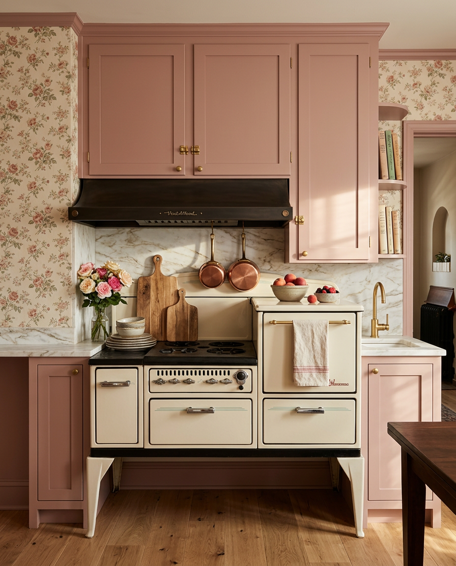 Inspiration render of the stove wall with dusty rose cabinets, floral wallpaper, marble backsplash and copper pans