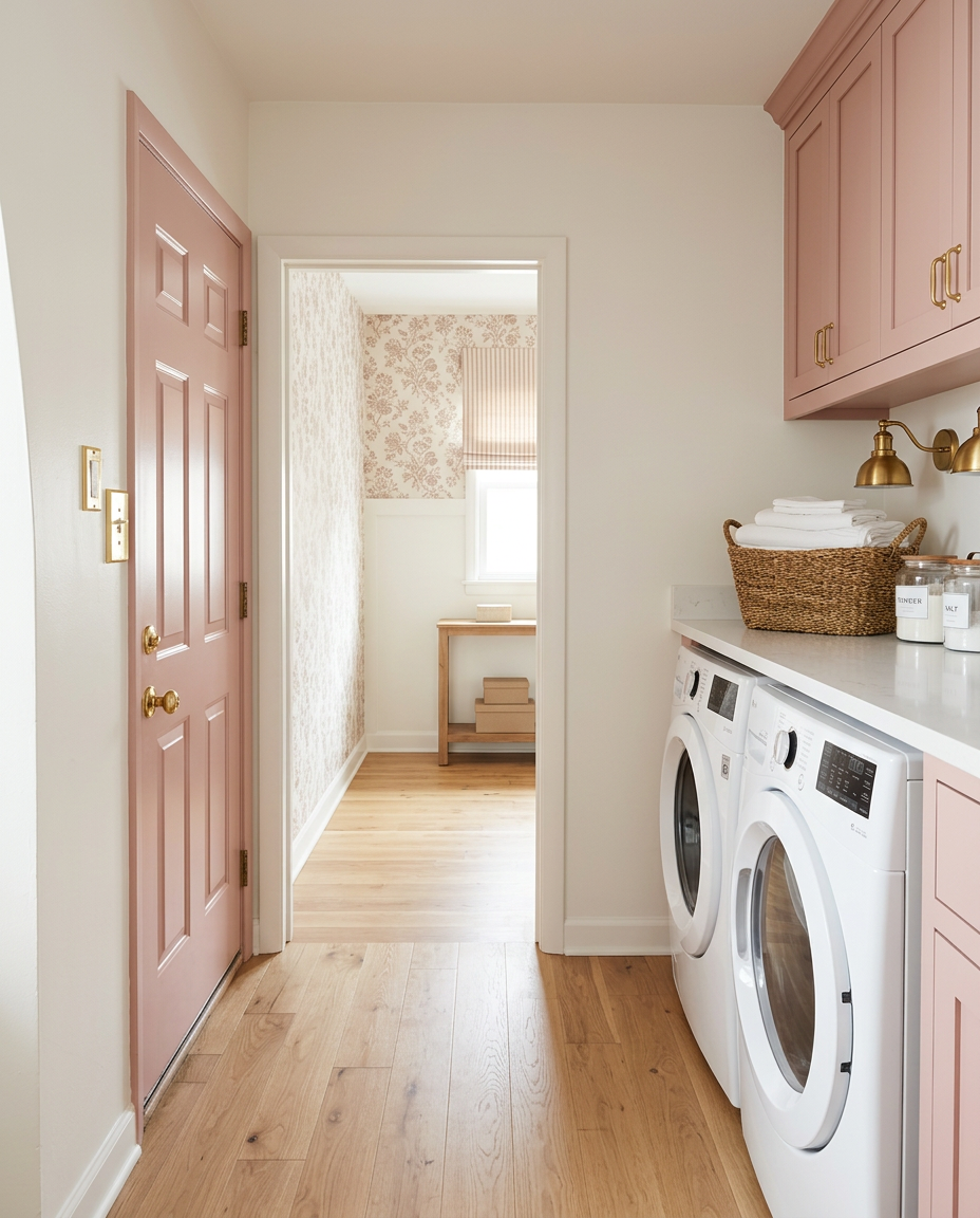 Inspiration render of the laundry hallway with dusty rose cabinets, oak floors and floral wallpaper