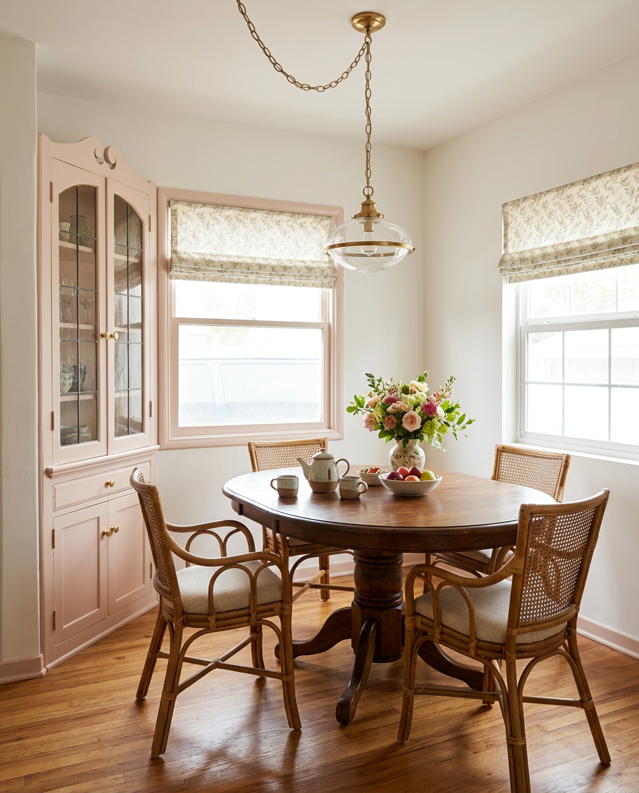 Inspiration render of the dining nook with blush pink built-in hutch, oak floors, rattan chairs and a brass pendant