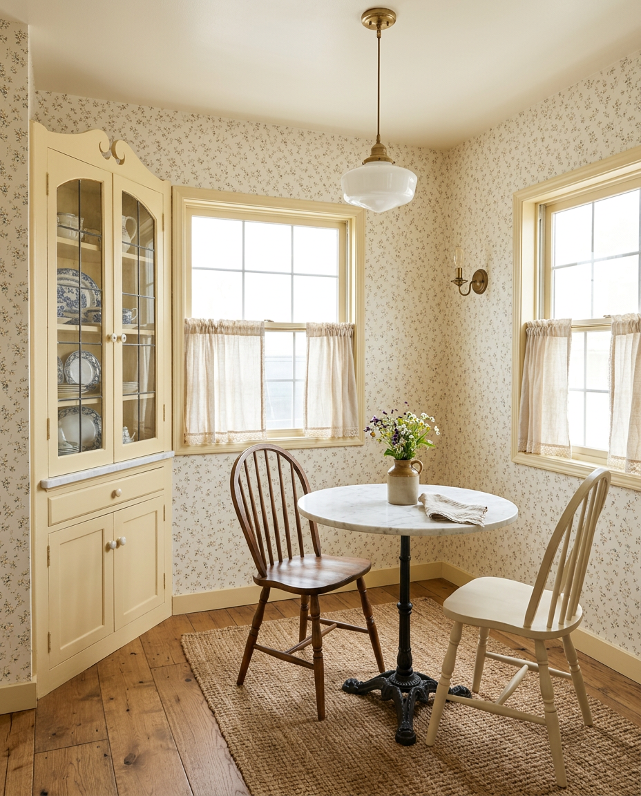 Inspiration render of the dining nook with butter yellow hutch, floral wallpaper, marble bistro table and cafe curtains