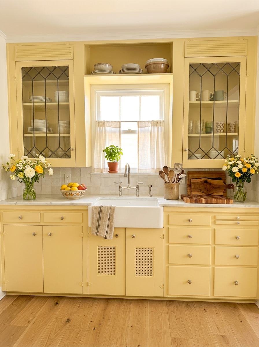 Inspiration: butter yellow cottage kitchen with glass front cabinets and marble countertops