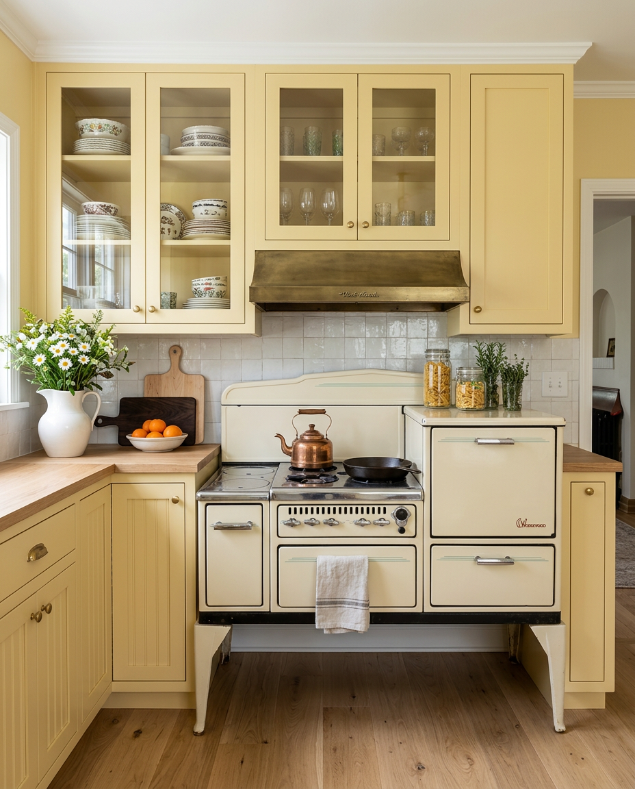 Inspiration render of the stove wall with butter yellow glass-front cabinets, Zellige tile, daisies and stacked dishes