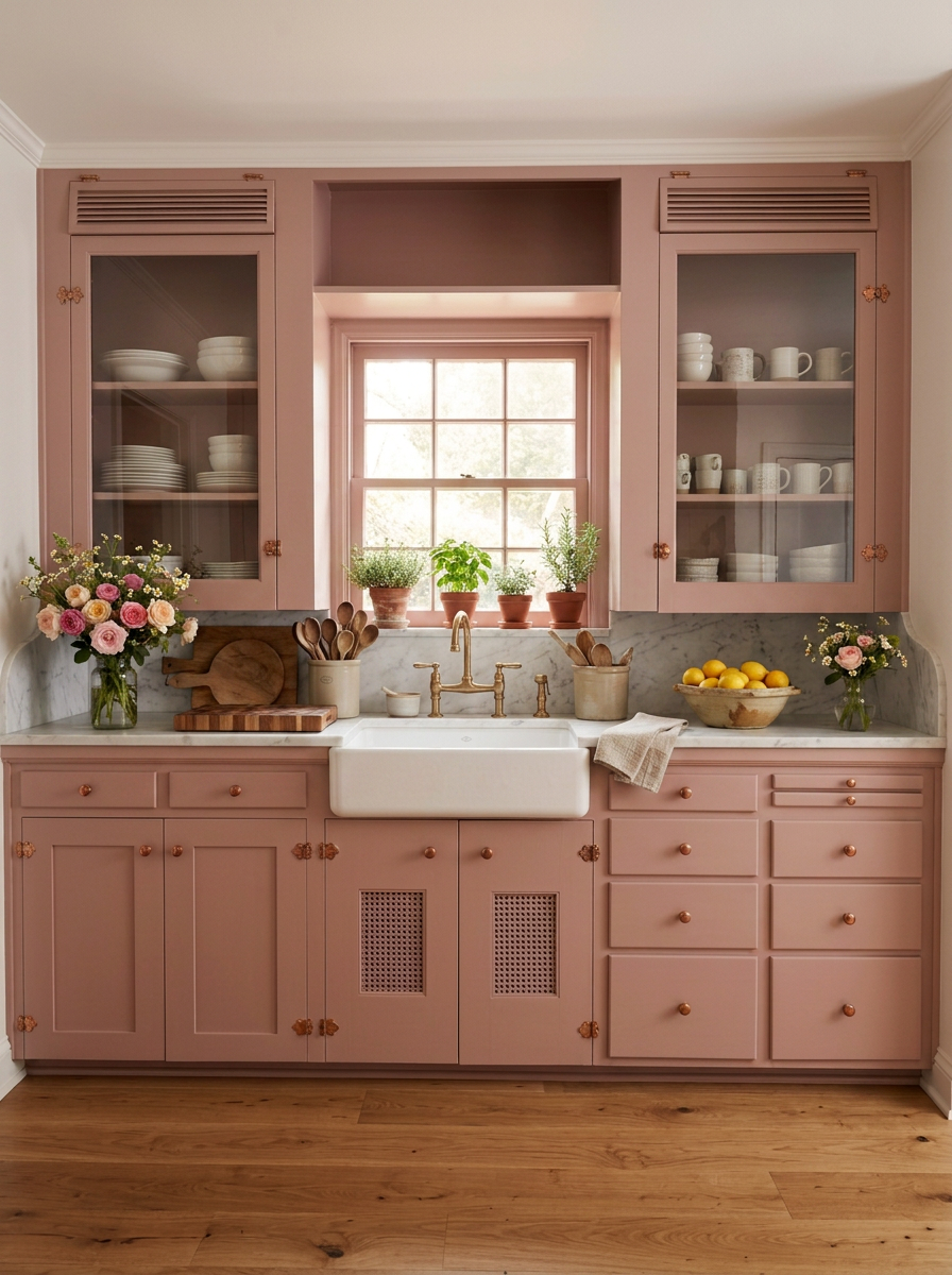 Inspiration: dusty rose cottage kitchen with marble counters, floral wallpaper and rustic open shelving