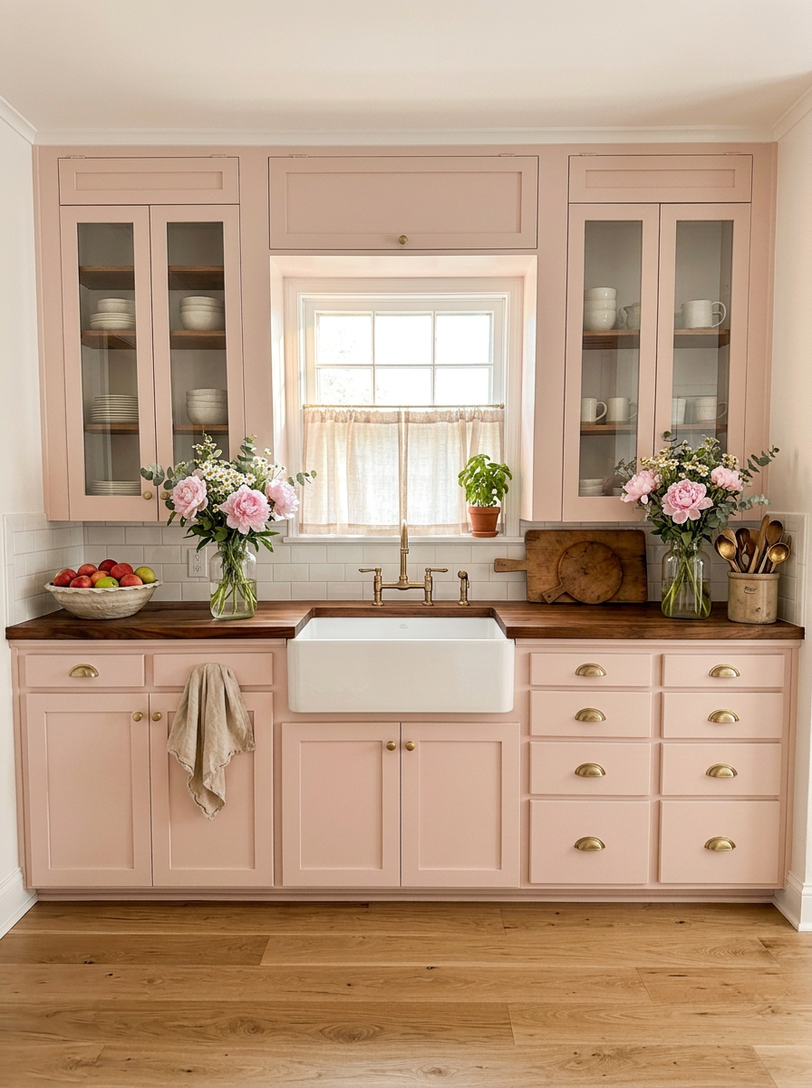 Inspiration: blush pink cottage kitchen with brass fixtures, butcher block counters and a white farmhouse sink