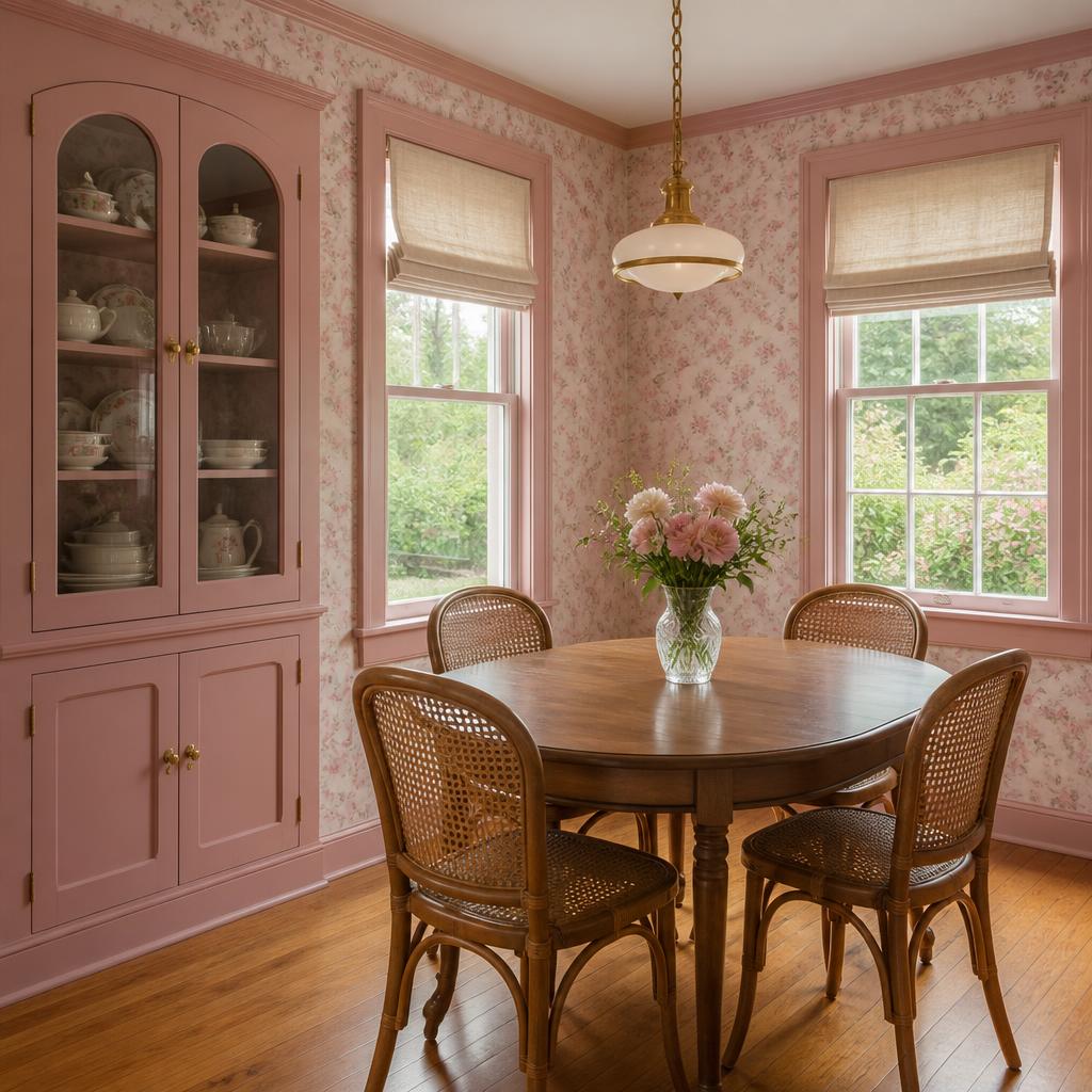 Inspiration render of the dining nook with dusty rose pink built-in hutch, floral wallpaper, oak floors and brass pendant light