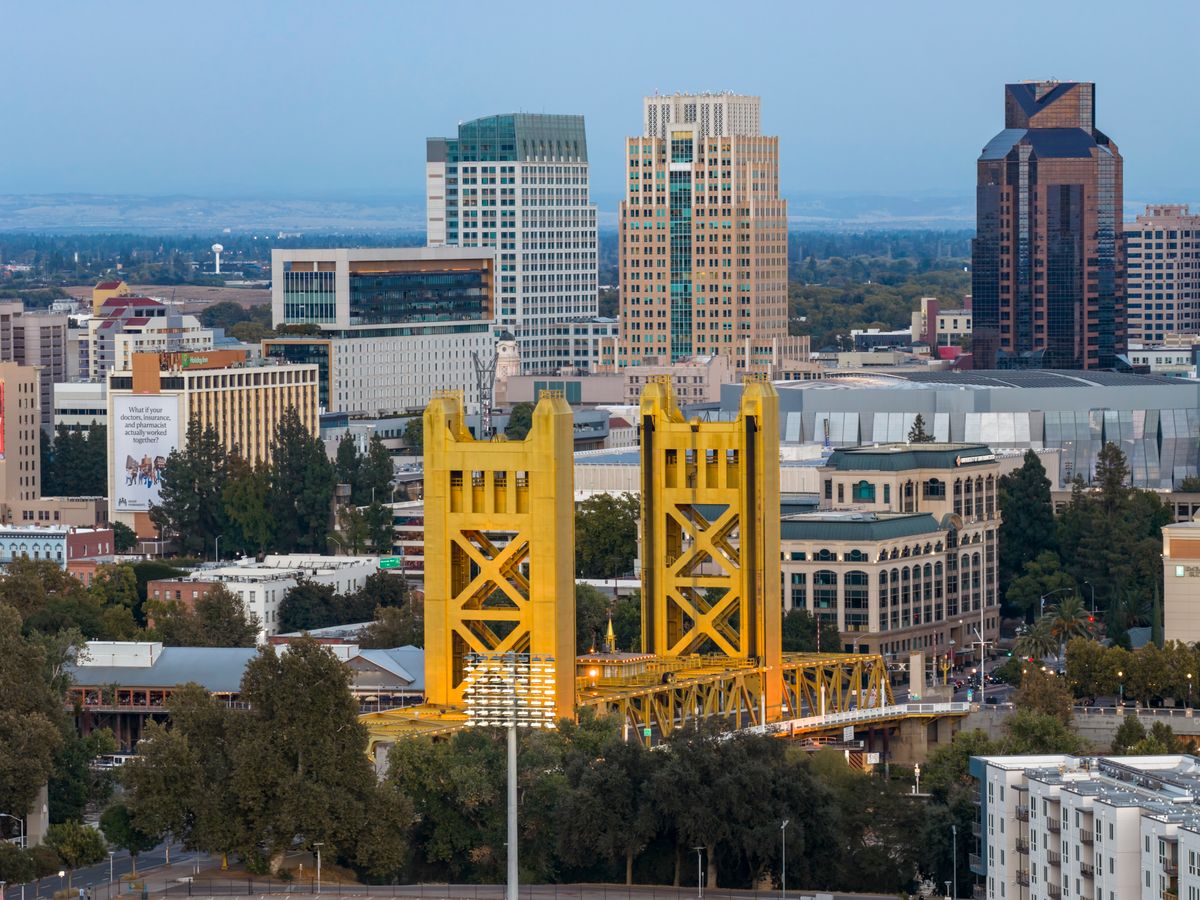 Aerial view of the Tower Bridge and downtown Sacramento skyline