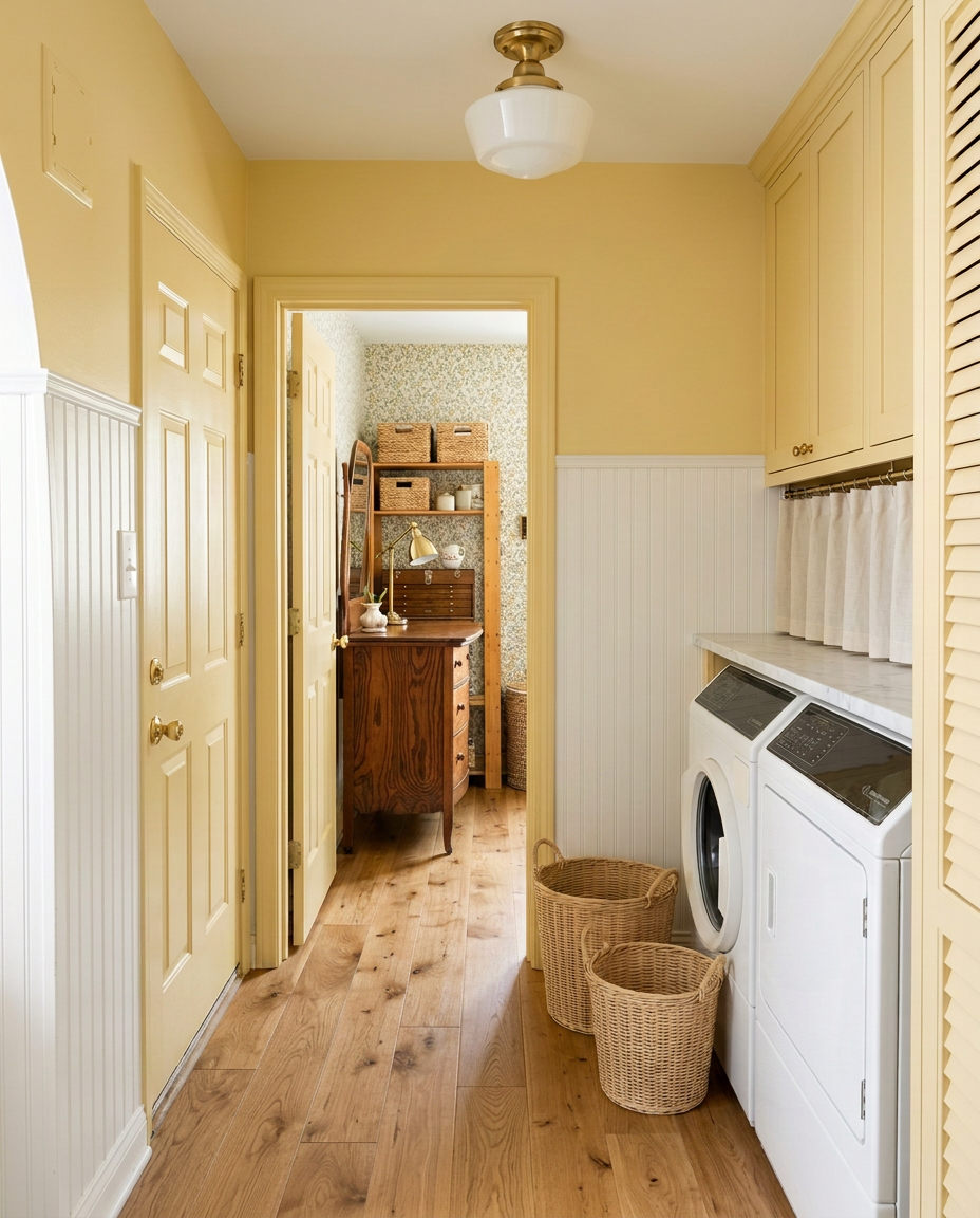 Inspiration render of the laundry hallway with butter yellow cabinets, beadboard walls and oak hardwood floors