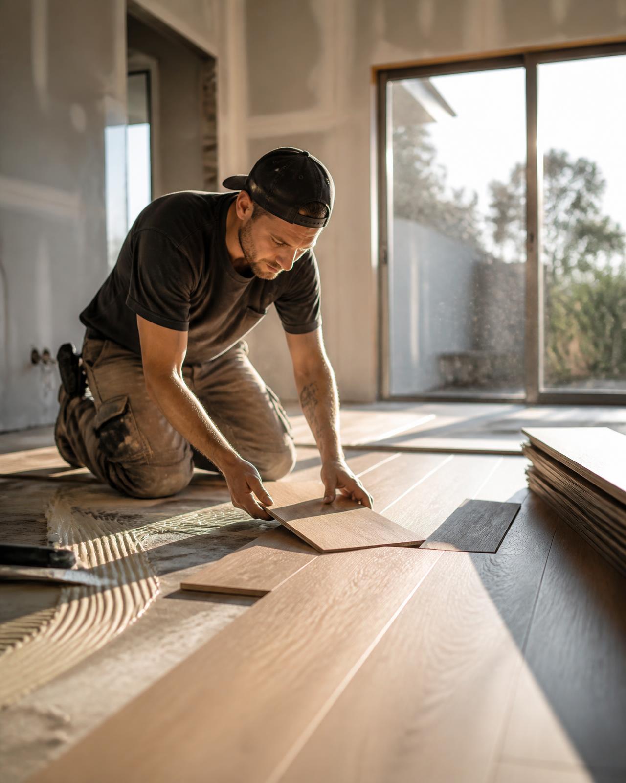 Contractor installing new flooring during the Sacramento home renovation