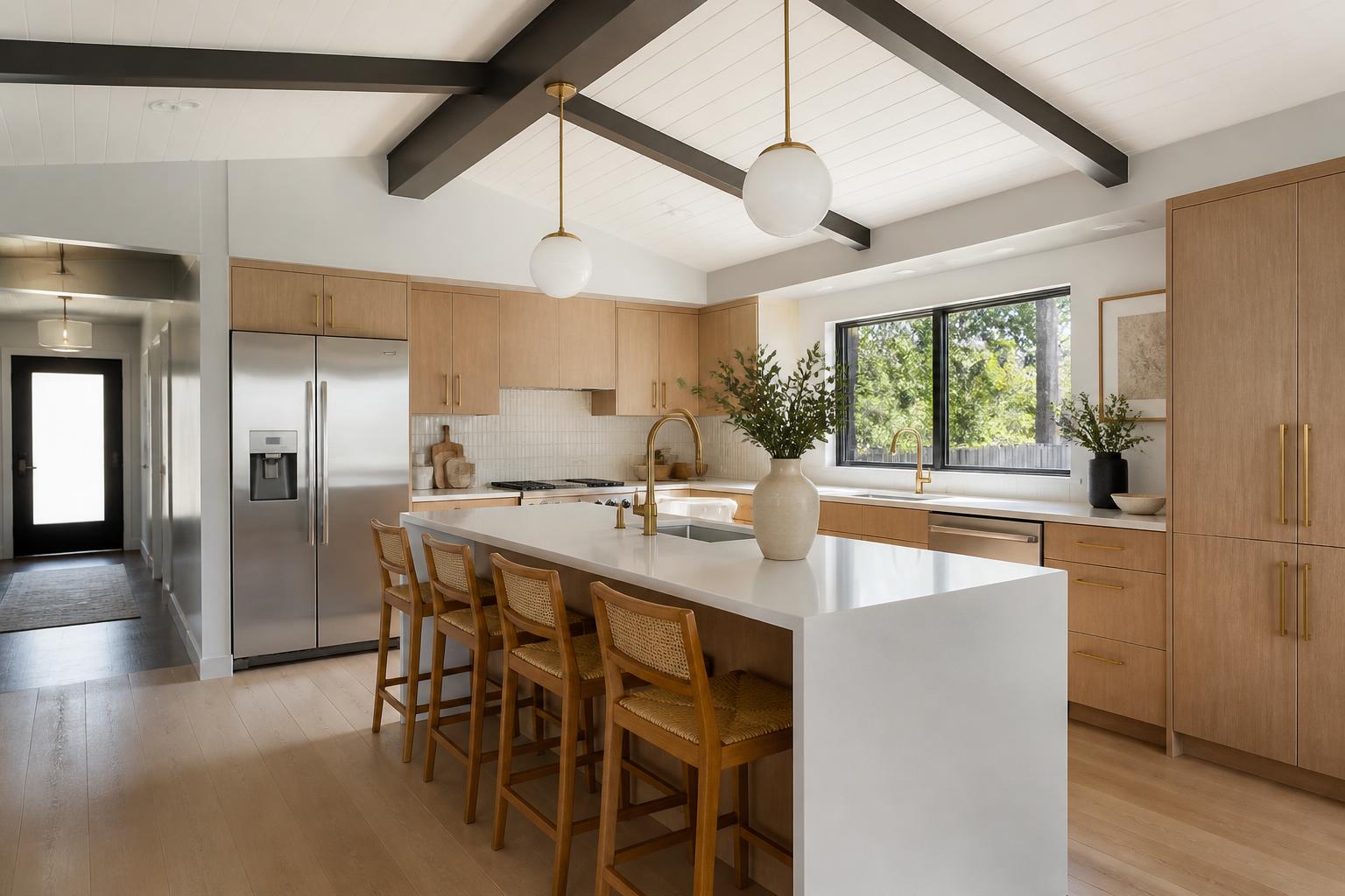 Modern remodeled kitchen with white oak cabinetry and quartz island after renovation